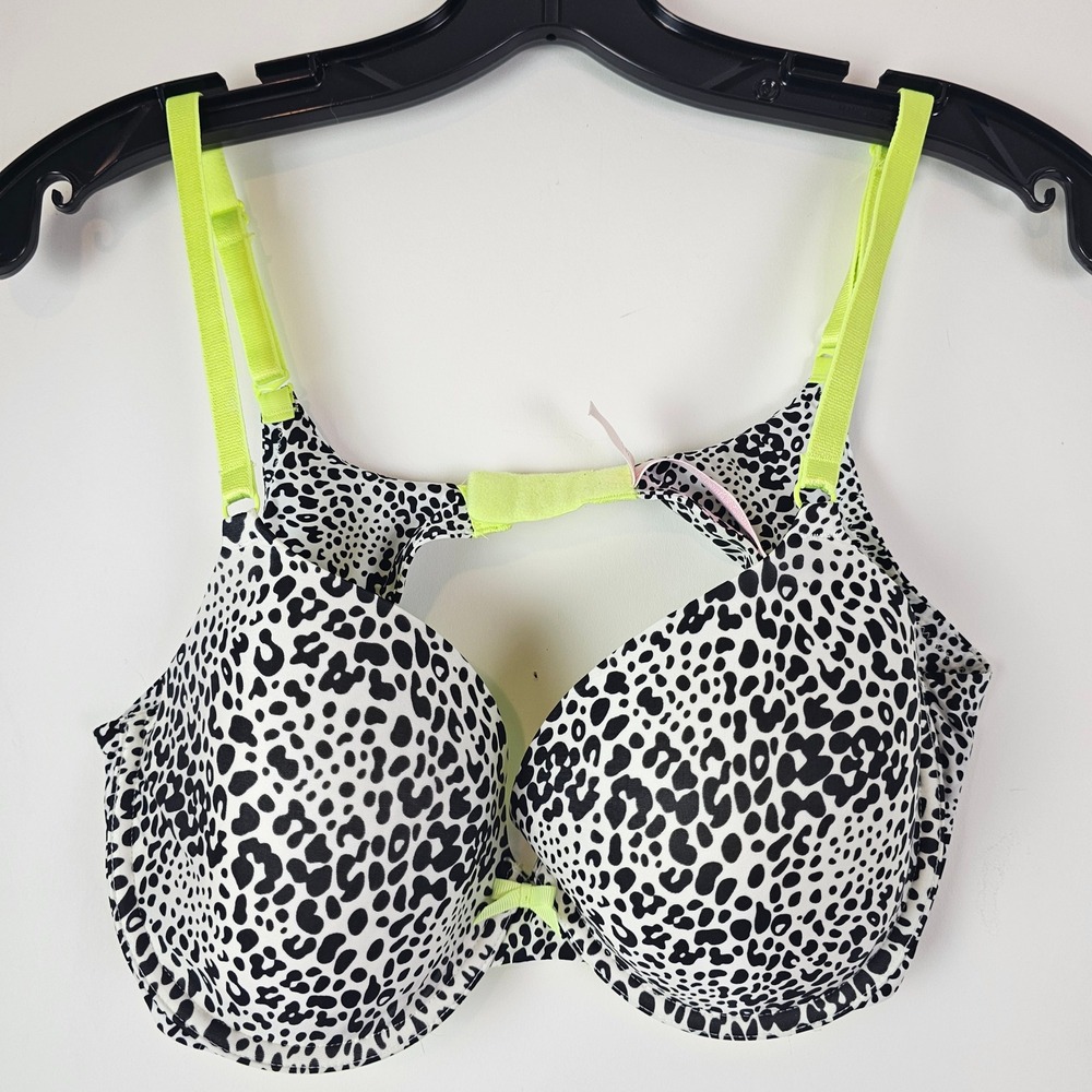 Victoria's Secret 38C Demi Bra Leopard Print Neon Green Trim Underwire Black